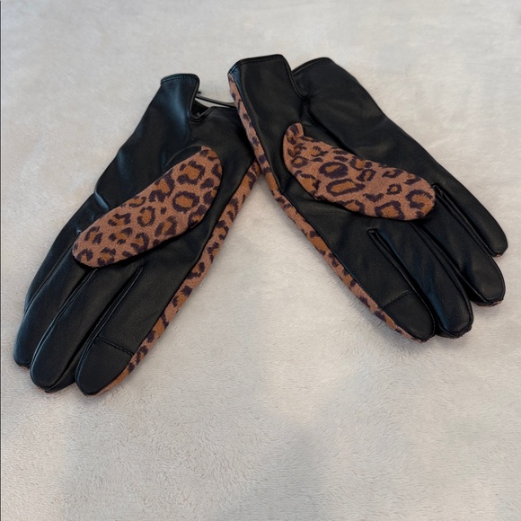 Banana Republic Leopard Print Gloves Tan & Black faux leather palm fleece lined - Picture 3 of 9
